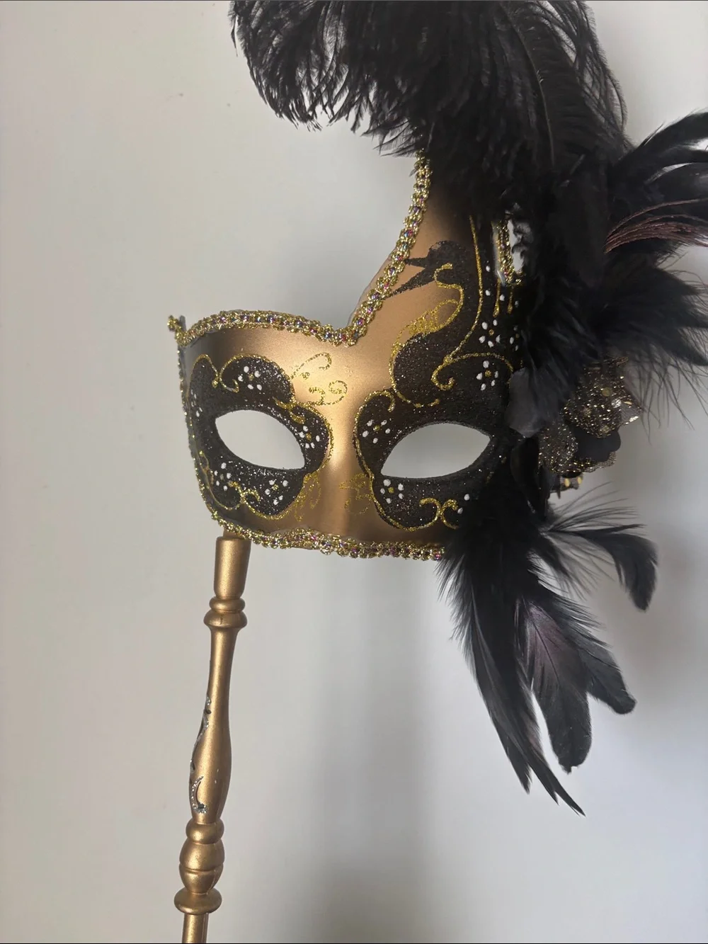 Gold and Black Feathered Venetian Handheld Mask